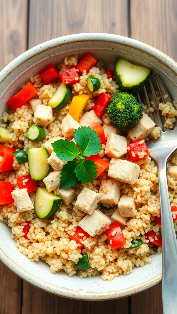 A healthy bowl of quinoa with chicken and mixed vegetables, garnished with parsley, on a wooden table.